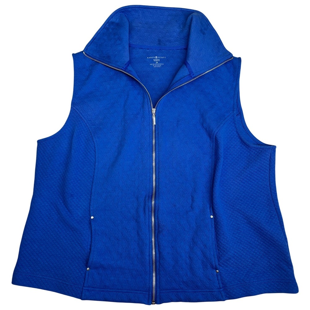 Karen‎ Scott Quilted Vest Women 2X Blue Zip Up Funnel Neck Studded Pockets Sport